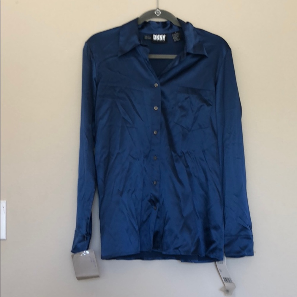 NWT: DKNY Vintage Satin Blue Blouse, size 8